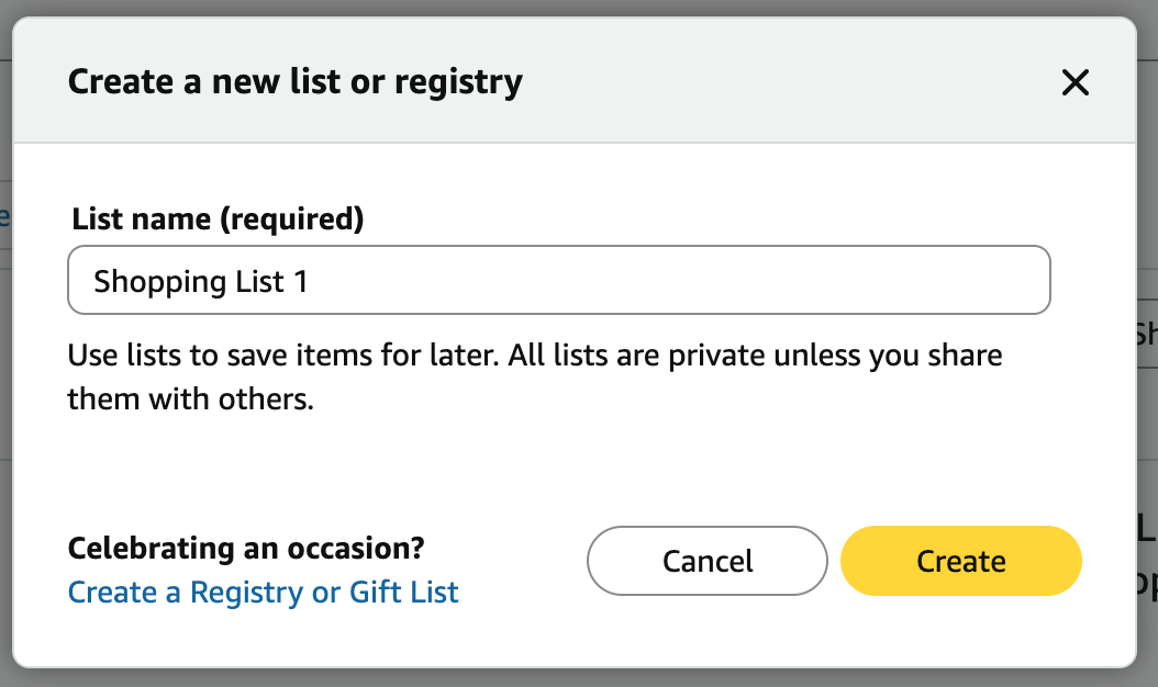 Amazon's Create a new list or registry box, with a List name field and Create button