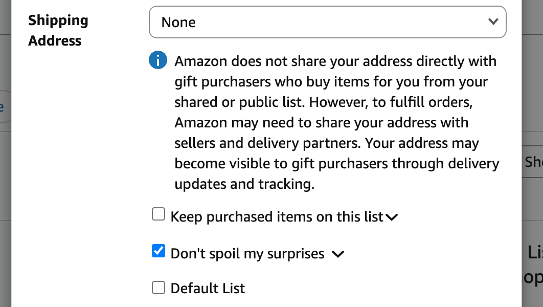 Amazon's Manage list settings, showing Shipping Address and the Keep purchased items and Don't spoil my surprises checkboxes
