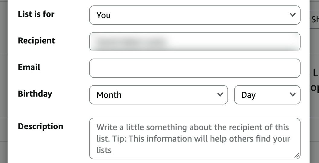 Amazon's Manage list settings, showing List is for, Recipient, Email, Birthday and Description