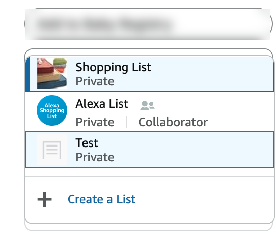 The list dropdown on an Amazon product page, listing your lists and Create a List