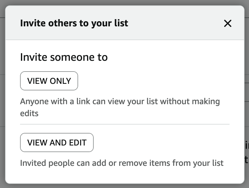 Amazon's Invite others to your list box, with View only and View and edit options